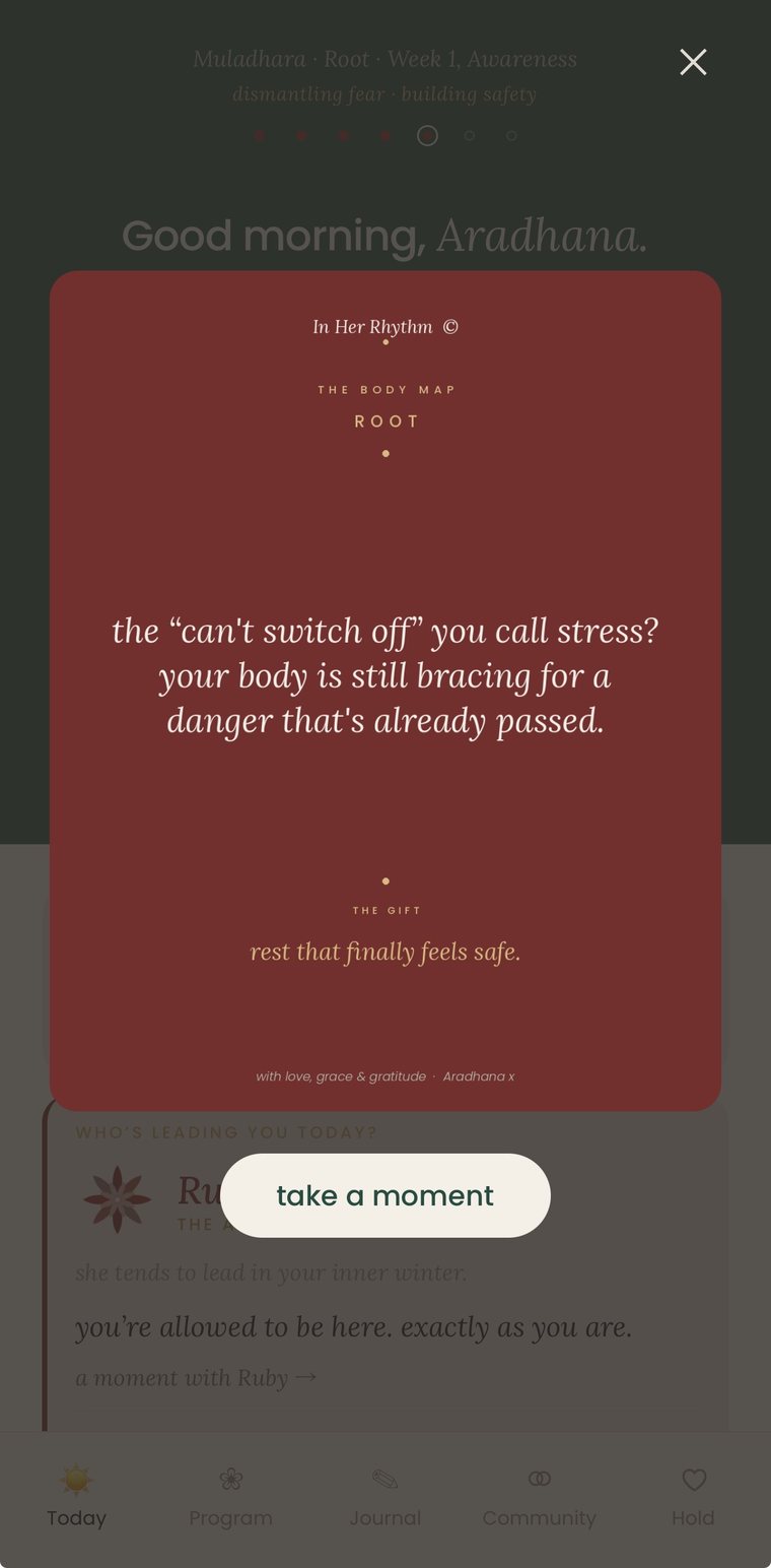 The morning screen, showing the body map card for the root and the words rest that finally feels safe