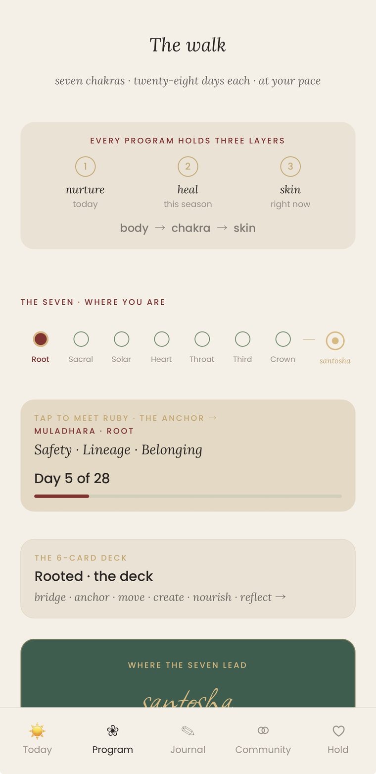 The walk screen, showing the seven chakras and day five of twenty-eight in the root