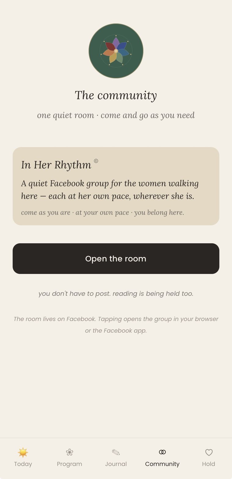 The community screen, with a link into the In Her Rhythm Facebook group