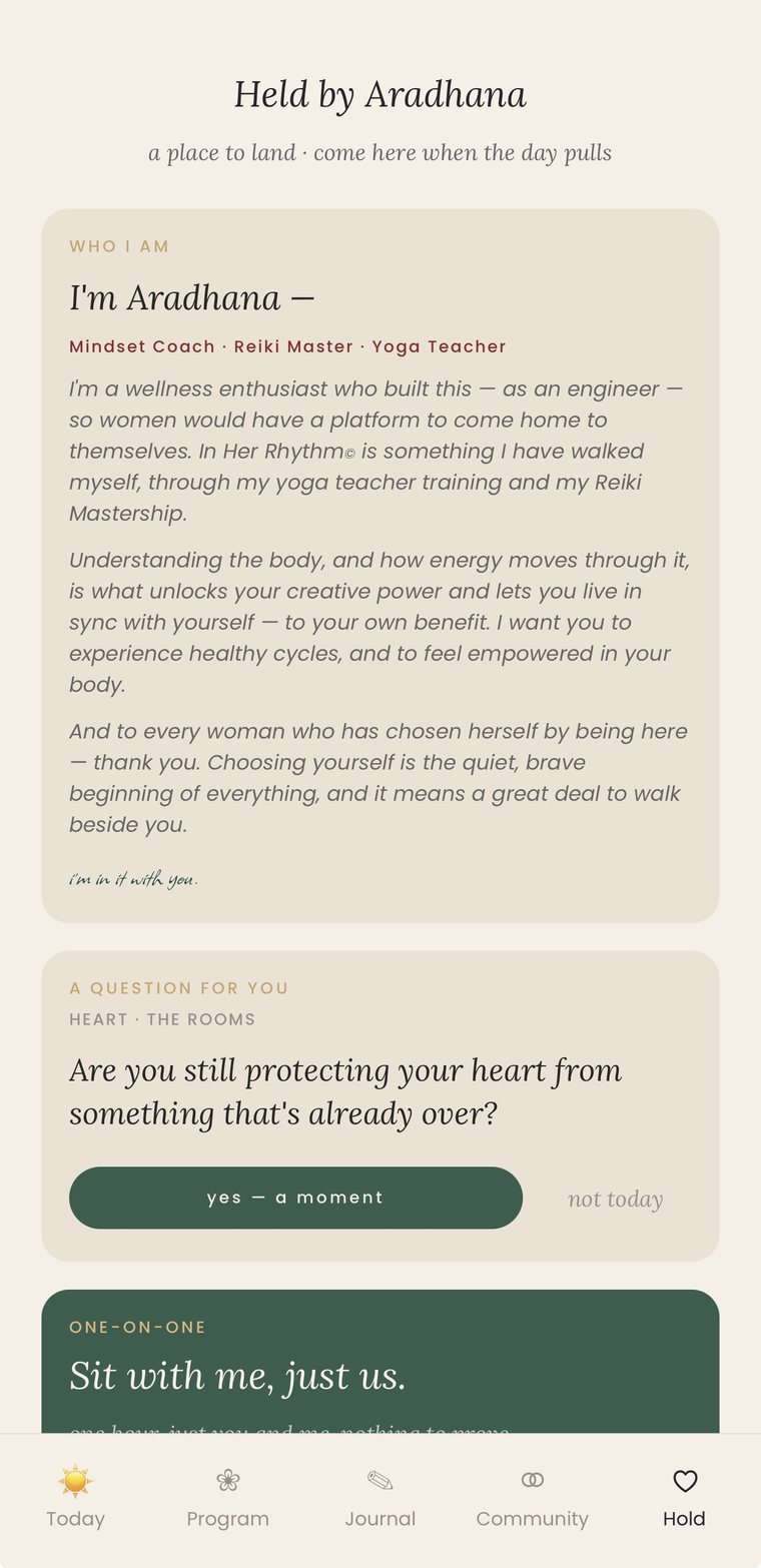 The Held screen, with who I am, a question for you, and one to one sessions