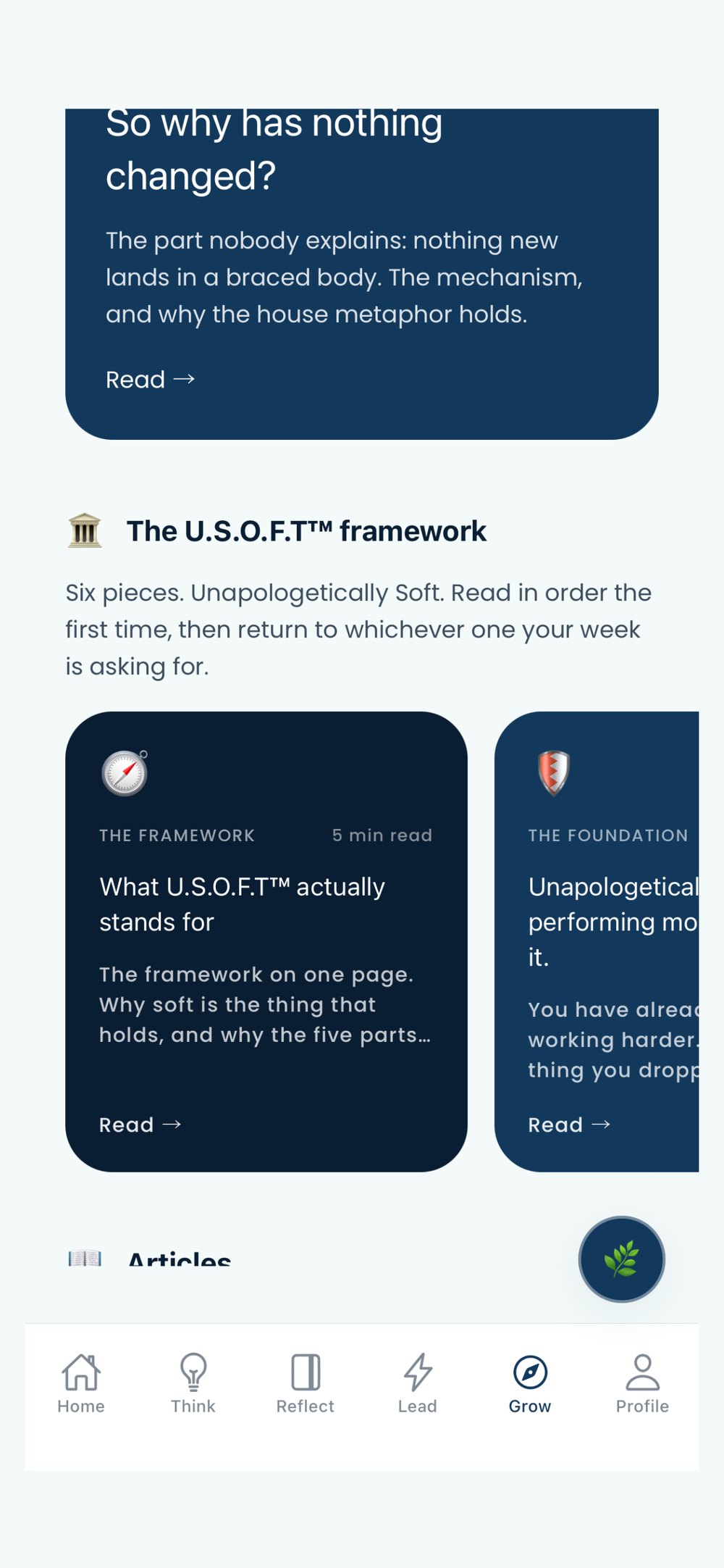 Grow, the U.S.O.F.T™ framework and the articles