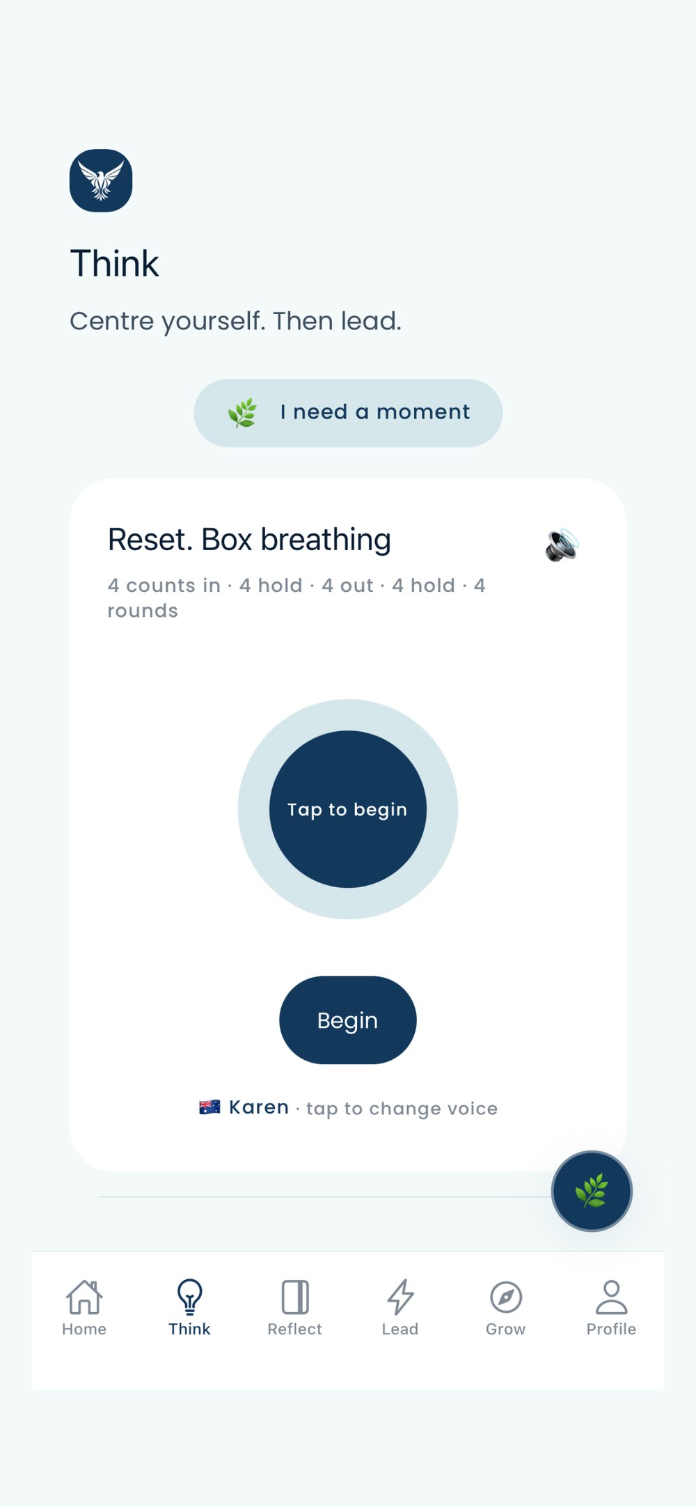 Think, and the box breathing timer